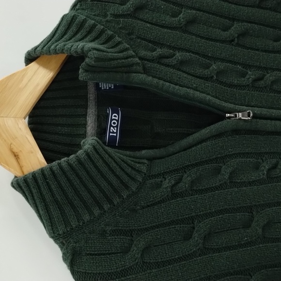 IZOD cable knit quarter zip pullover sweater large dark green 100% cotton Izod - Picture 2 of 6